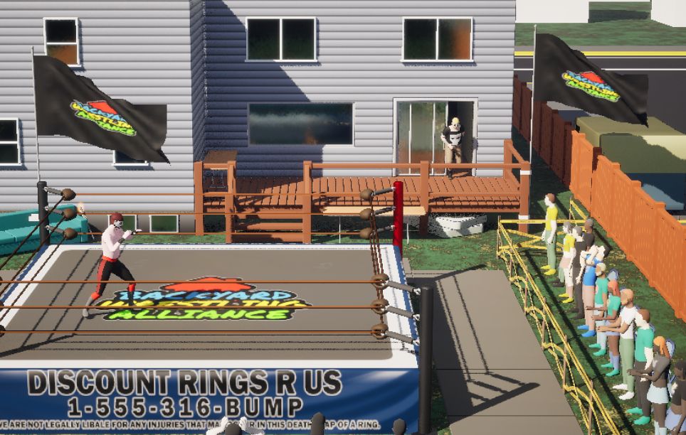 A screenshot of my work in progress wrestling game. It's a backyard arena behind a big white house.