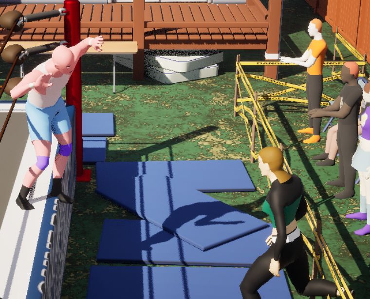 A screenshot from my work in progress wrestling game showing a bunch of floor pads placed down in the grass in a messy way. Some of them are overlapping.