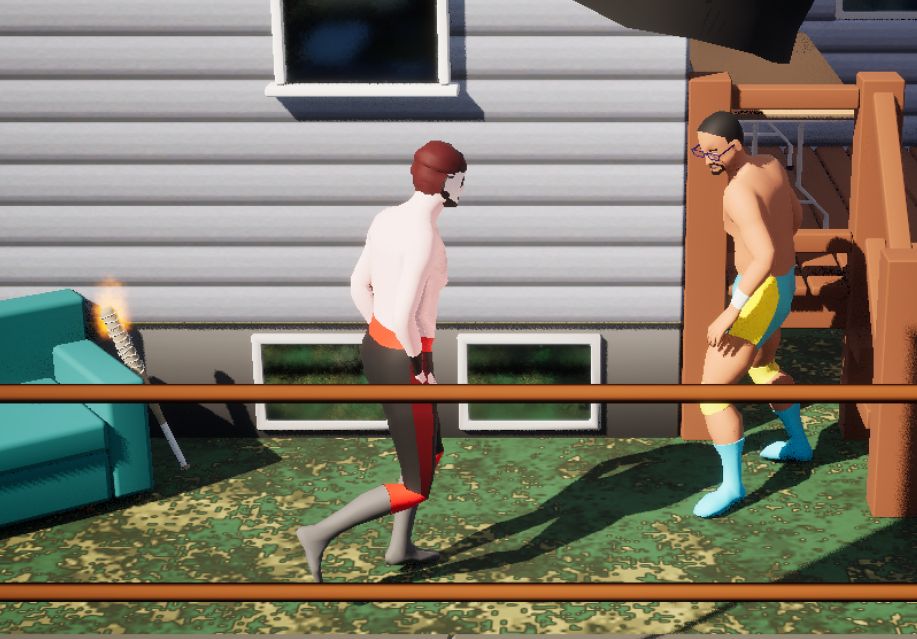 A screenshot of my work in progress wrestling game. It's a backyard arena behind a big white house.