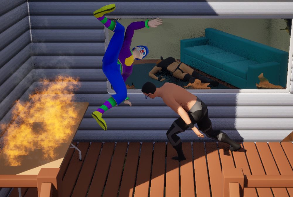 A screenshot of my work in progress wrestling game. It's a backyard arena behind a big white house.