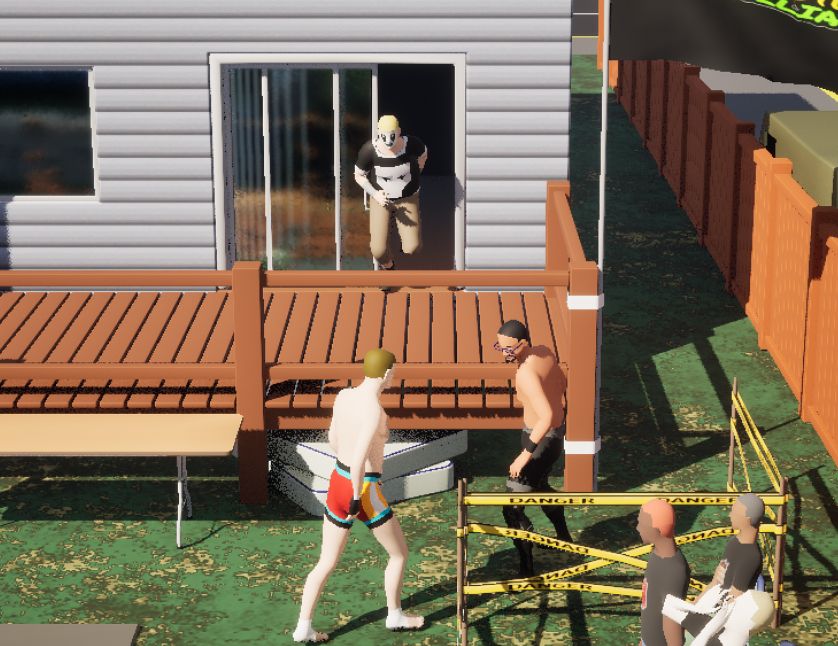 A screenshot of my work in progress wrestling game. It's a backyard arena behind a big white house.