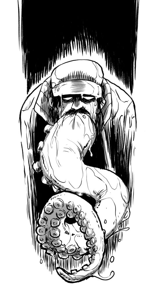 Black and white drawing of a tentacle violently bursting out of a man's mouth, wet and dripping. His teeth are felling out, and his eyes are empty.