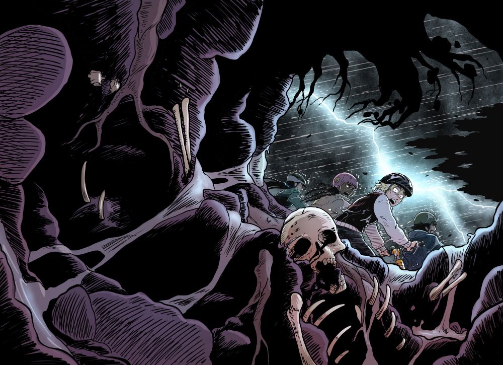 Illustration of a group of teens riding through a storm. The crack of lightning reveals a skeleton among the roots of a fallen tree, and only one of the teens see it, looking horrified.