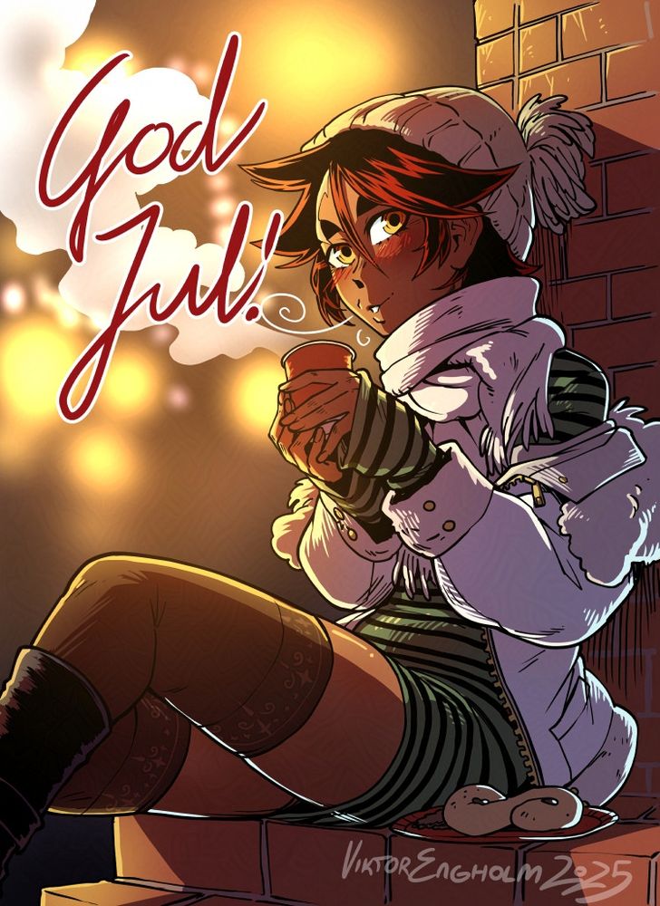 art in manga anime style of a young woman in cute winter clothes sitting against a brick wall with a plastic cup of mulled wine in her hands. She's brown skinned, her hair is red and she's got a big scar on her forehead. She looks warmly to the point of view as she blows on her hot drink. The atmosphere is cozy. A text says "God jul", or "good yule".