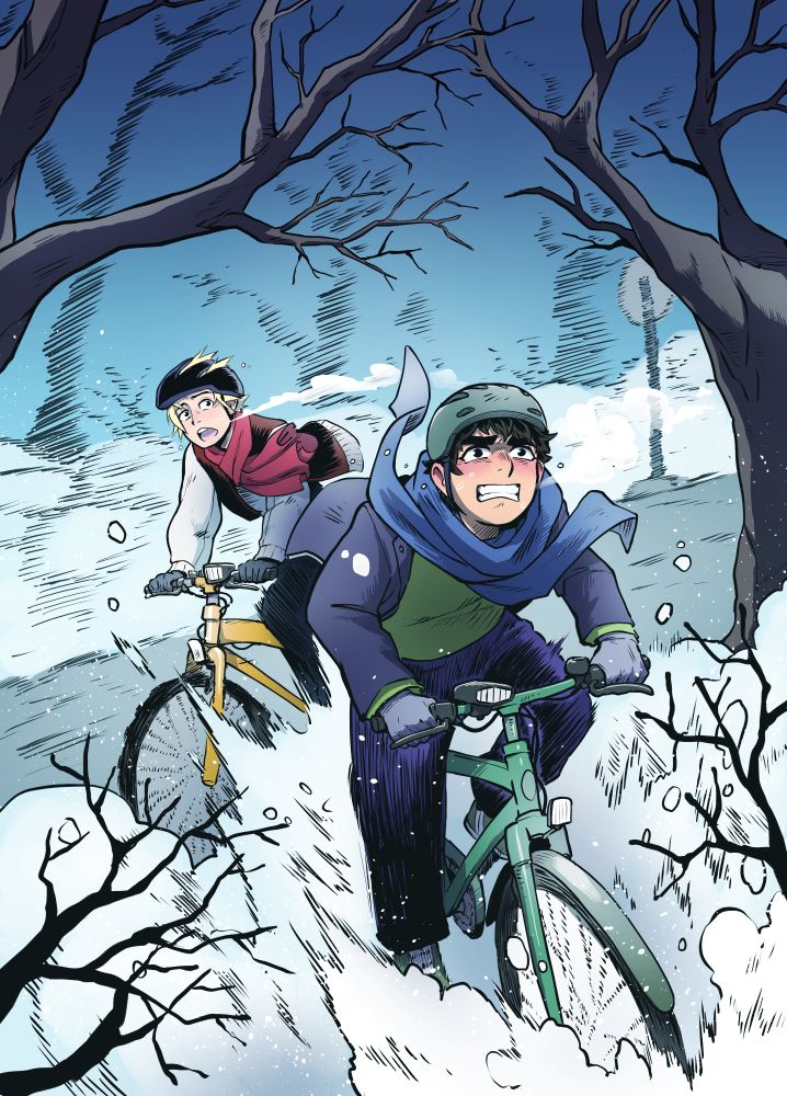 Art of two kids desperately riding their bikes through snow