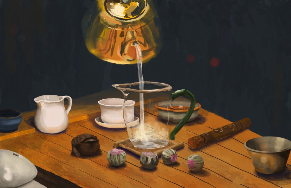 Digital painting of a still-life. A brass teapot pours water into a clear pitcher. Various other tea implements are scattered around the pitcher atop a wooden table. 