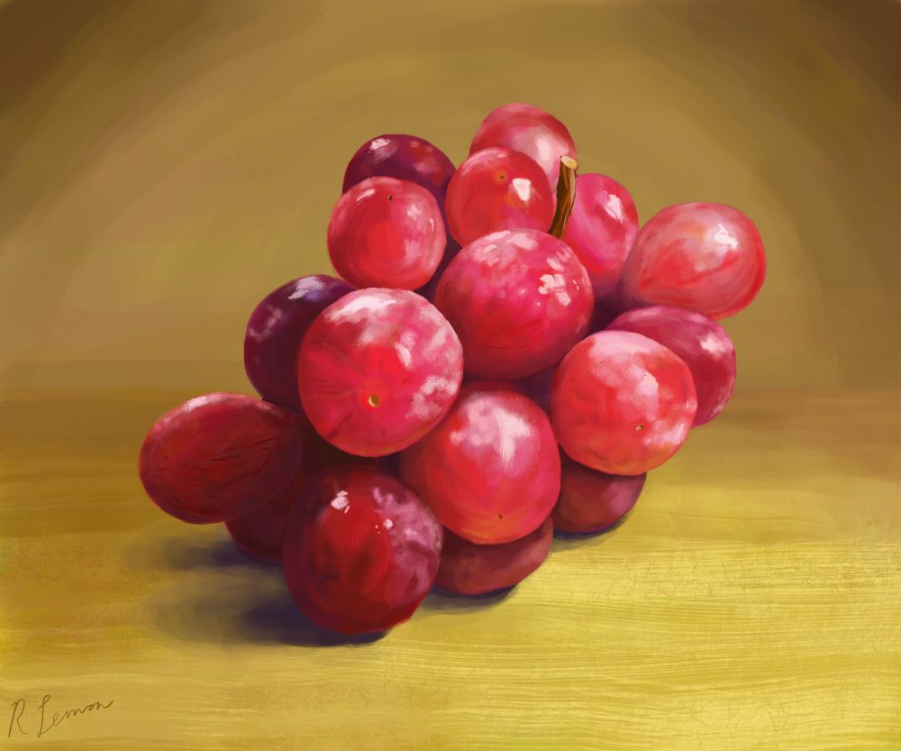 A digital painting of a sprig of red grapes upon a yellow backdrop