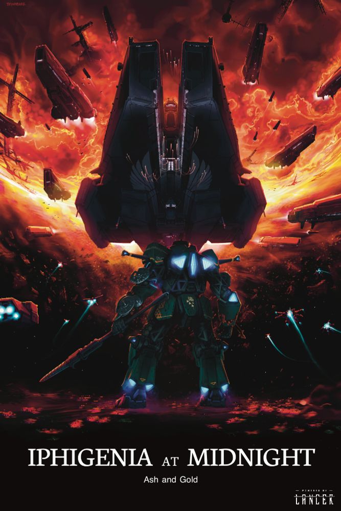 Cover art for Iphigenia at Midnight, as done by Tom Finnbarr Carroll; a Choral Defense Forces Spectre mech stands defiant before a vast space warship bearing down on it, as its allies rise to meet the enemy fleet. Behind the warship, a planet burns.