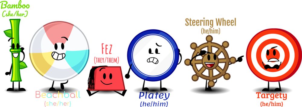 From left to right: Bamboo (she/her), Beachball (she/her), Fez (they/them), Platey (he/him), Steering Wheel (he/him) and Targety (he/him)
