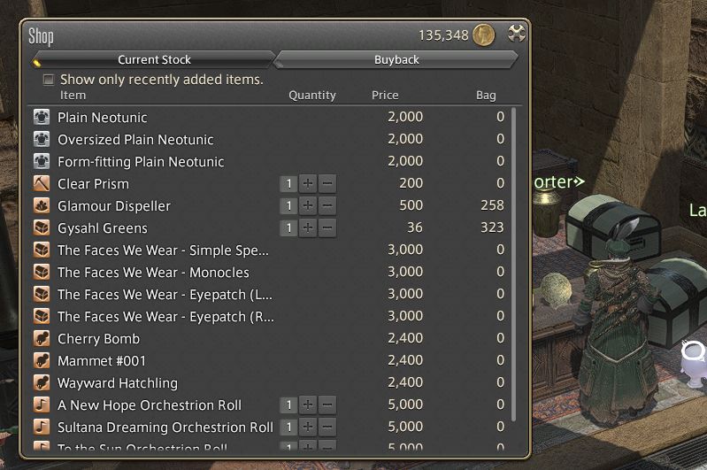 ffxiv screenshot list of items the npc roarich sells