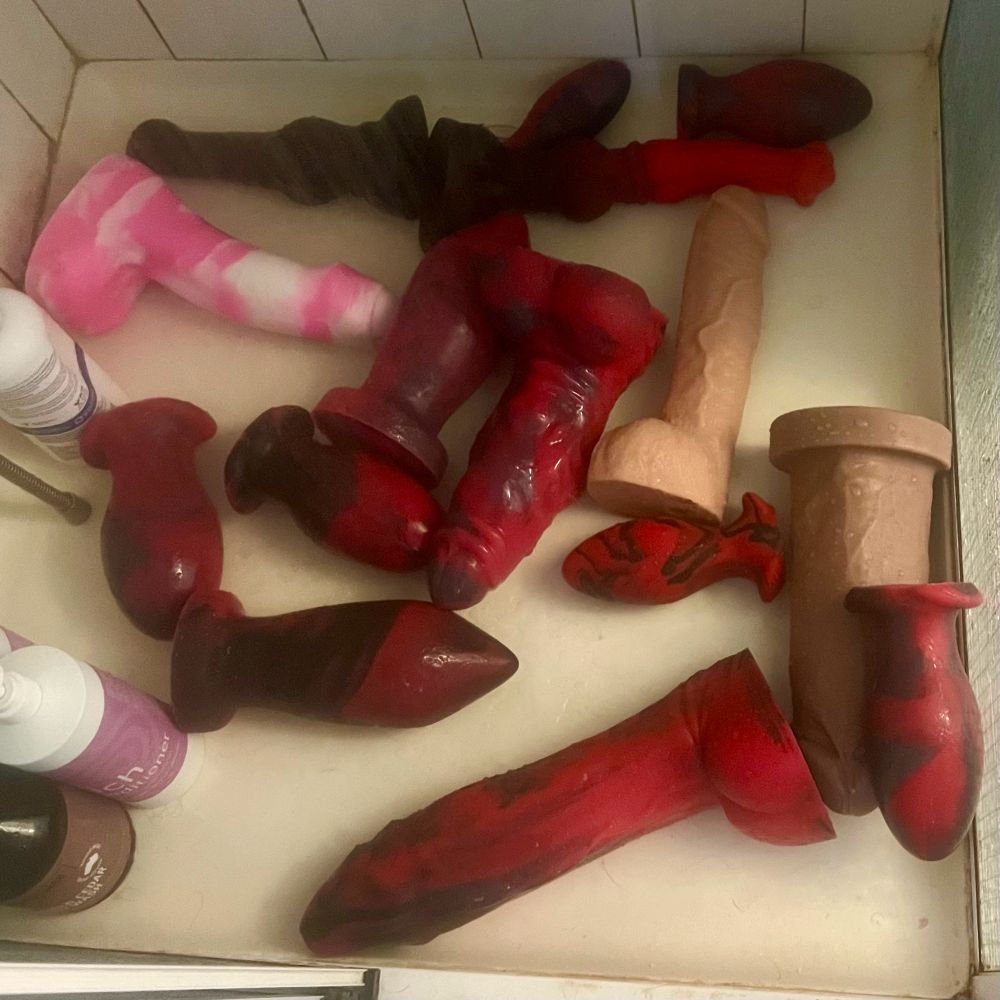Fifteen large silicone adult toys, mostly red and black in colour, lying in a shower tray next to bottles of body wash and hair conditioner. Water, presumably from the shower, can faintly be seen falling in the middle of the image.