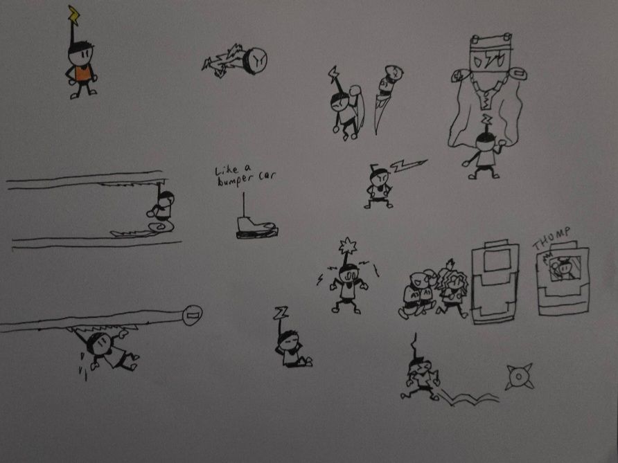 Several pen and paper drawings of an electrical stick figure guy with a rod on his head (name pending, something to do with bumper cars), occasionally being antagonized by battery-like enemies