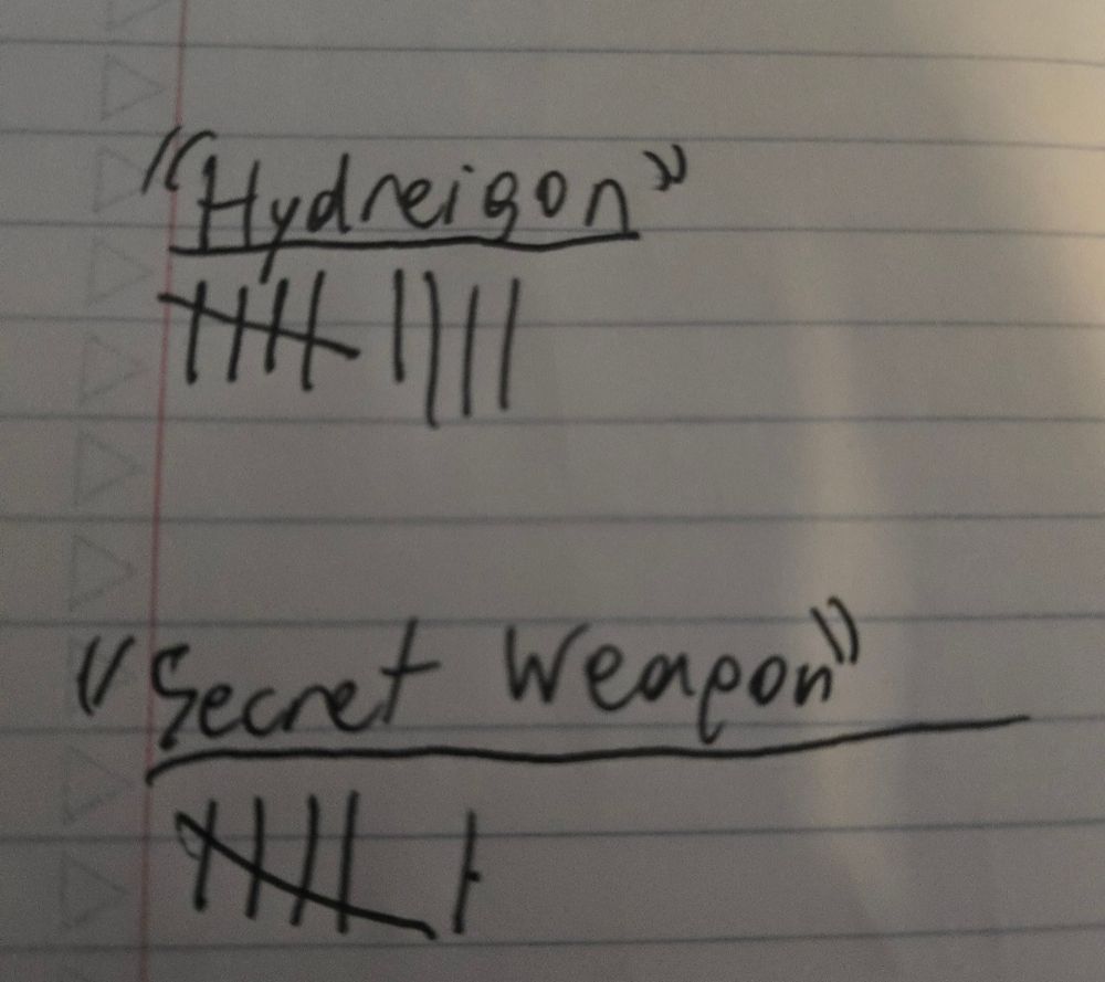Pen and paper tally of how many times "Hydreigon" and "Secret Weapon" were said in the video: Nine times for Hydreigon, six for Secret Weapon