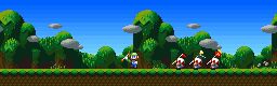 Luigi, leading the credits parade at the end of Super Mario RPG, a trend that would continue throughout Paper Mario as well