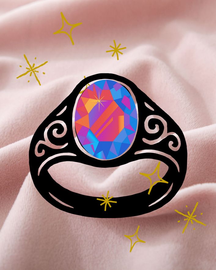 an illustrated version of a ring with a multicolored stone 