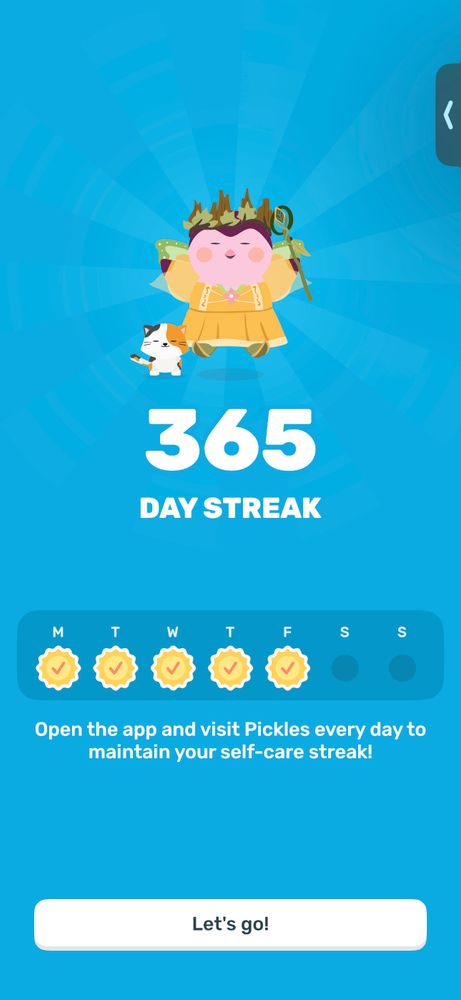 A screenshot of the Finch self care app — pickles the bird is celebrating a 365 day streak 
