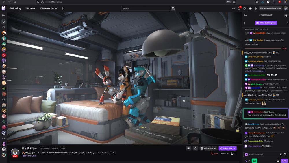 A fake screenshot of a streaming website, depicting a live stream with lots of viewers reacting excitedly in the chat. It appears the streamer, a robotic corgi girl, has accidentally started streaming while engaging in intimate activities with a pair of robot bunnies. The robot bunnies, one female and one male, are red and blue respectively, with the robot corgi girl in the middle. The male bunny-bot is penetrating her while she fucks the female bunny-bot. Everyone involved has happy, pleasured facial expressions.