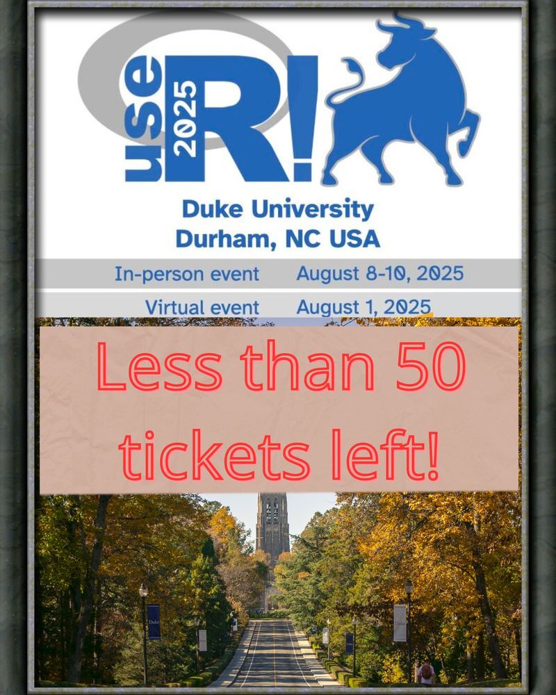 A computer monitor is centered on a blue background, displaying a virtual event announcement. The screen shows a scenic autumn road leading to a prominent university building with a tower. Overlaid on this background are three large, semi-transparent oval text bubbles. The top bubble reads "useR! 2025," the middle one says "Virtual Event," and the bottom one states "August 1, 2025." In the bottom left corner of the overall image is the "useR! 2025" logo, featuring a stylized "R" and a bull.