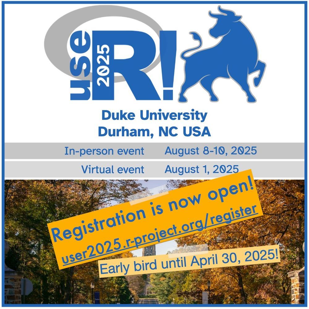 An autumn scene of the Duke Belltower along with the useR! 2025 logo and text about the early bird ticket special.