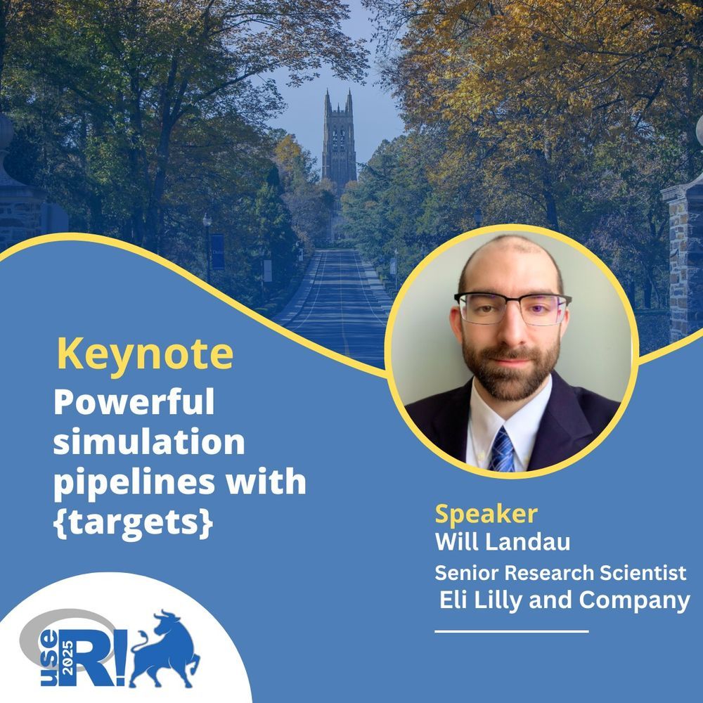 Alt text: A promotional graphic for a keynote speech titled "Powerful simulation pipelines with {targets}" by Will Landau, Senior Research Scientist at Eli Lilly and Company. The background showcases a scenic view of a tree-lined pathway leading to a tall, gothic-style building. The event is associated with useR! 2025, indicated by the logo in the bottom left corner.