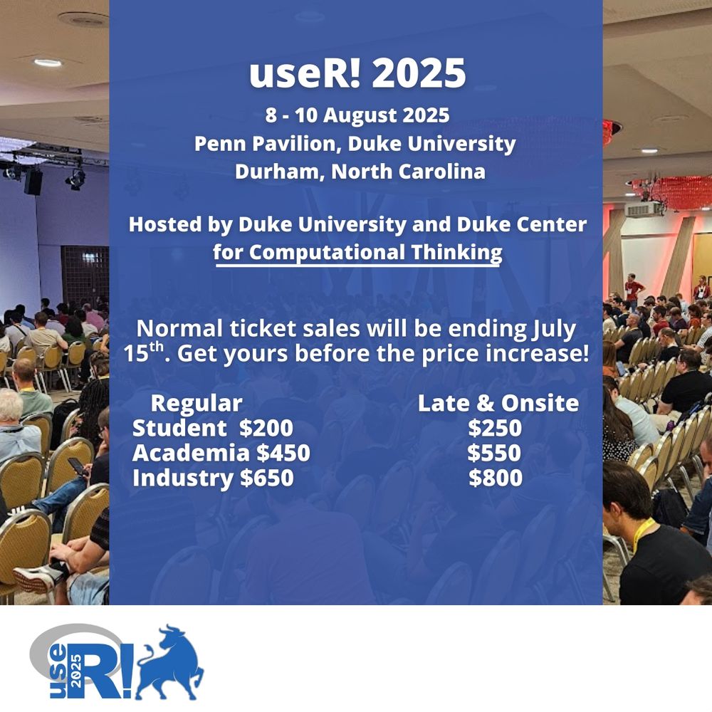 
A large blue graphic promoting "useR! 2025" is shown. The main section on the left details information about the conference: "8 - 10 August 2025," "Penn Pavilion, Duke University," "Durham, North Carolina," and "Hosted by Duke University and Duke Center for Computational Thinking." Below this, there's a notice about ticket sales: "Normal ticket sales will be ending July 15th. Get yours before the price increase!" A table compares "Regular" and "Late & Onsite" prices for "Student," "Academia," and "Industry" tickets. Prices are listed as $200, $450, and $650 for regular, and $250, $550, and $800 for late/onsite. The lower left corner features the "useR! 2025" logo with a bull illustration. The background appears to be a blurred image of a large conference hall with attendees.
