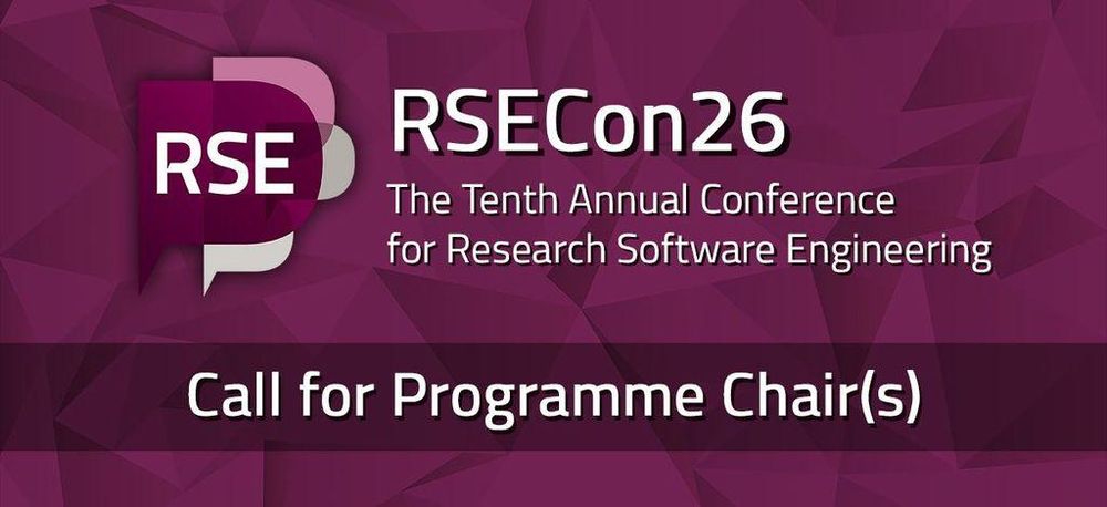 The RSE Society Logo on a purple background. Text reads: "RSECon26 - The Tenth Annual Conference For Research Software Engineering. Call for Programme Chair(s)"