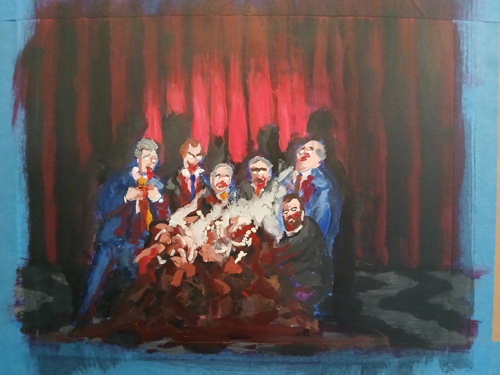 The members of the houthi pc group chat are caught by a spotlight, feasting on human flesh