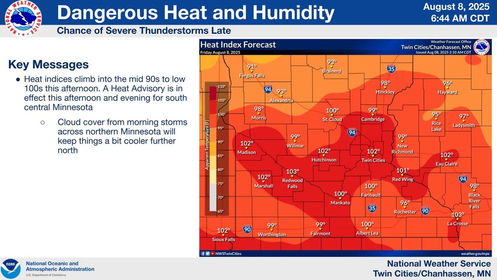 A Weather Story infographic for 8 August 2025 from the Chanhassen, MN office of the National Weather Service.  The image featured on it shows much of central and southern Minnesota colored in in shades of orange and red, indicating that there is a risk for high heat index values over the region today.  To the left of the image is the following text:

Key Messages
Heat indices climb into the mid 90s to low 100s this afternoon.  A Heat Advisory is in effect this afternoon and evening for south central Minnesota.  Cloud cover from morning storms across northern Minnesota will keep things a bit cooler further north.

The timestamp on the image is 6:44 AM CDT on 8 August 2025.