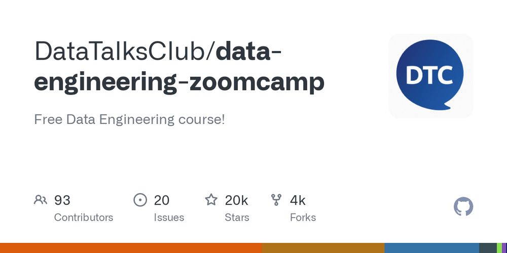 GitHub - DataTalksClub/data-engineering-zoomcamp: Free Data Engineering course!