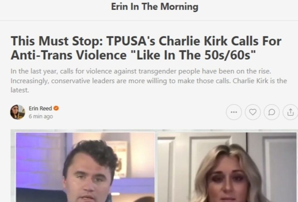 Headline from when Kirk called for violence against trans people