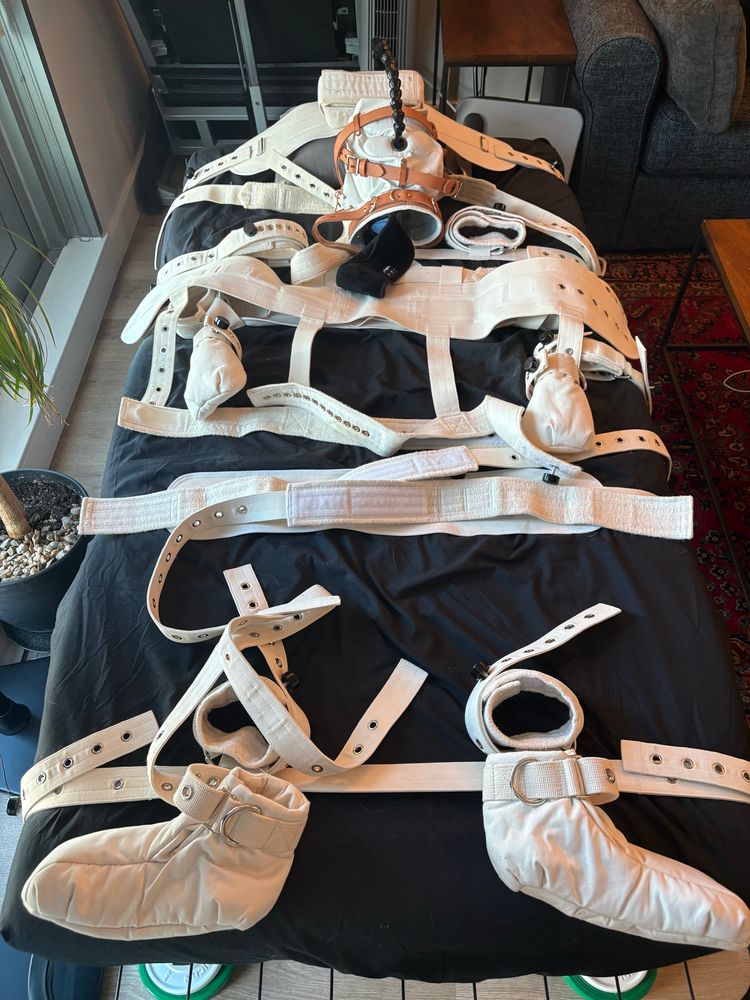 A segufix with white canvas booties, mitts, and hood waiting for an inhabitant, Sir.