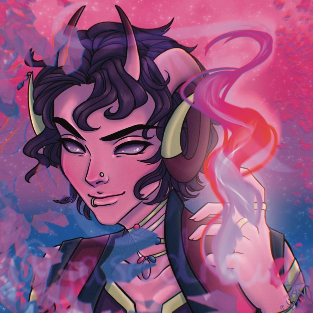 A reddish tiefling with purple eyes, hair and a very colorful outfit that draws from the bisexual flag as a pallet looks forward the viewer with a spell starting to form in his hand. 