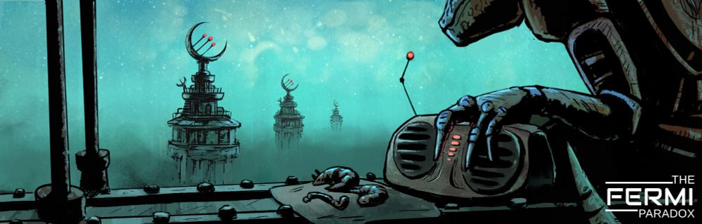 An alien industrial worker observing radio tower on an alien planet