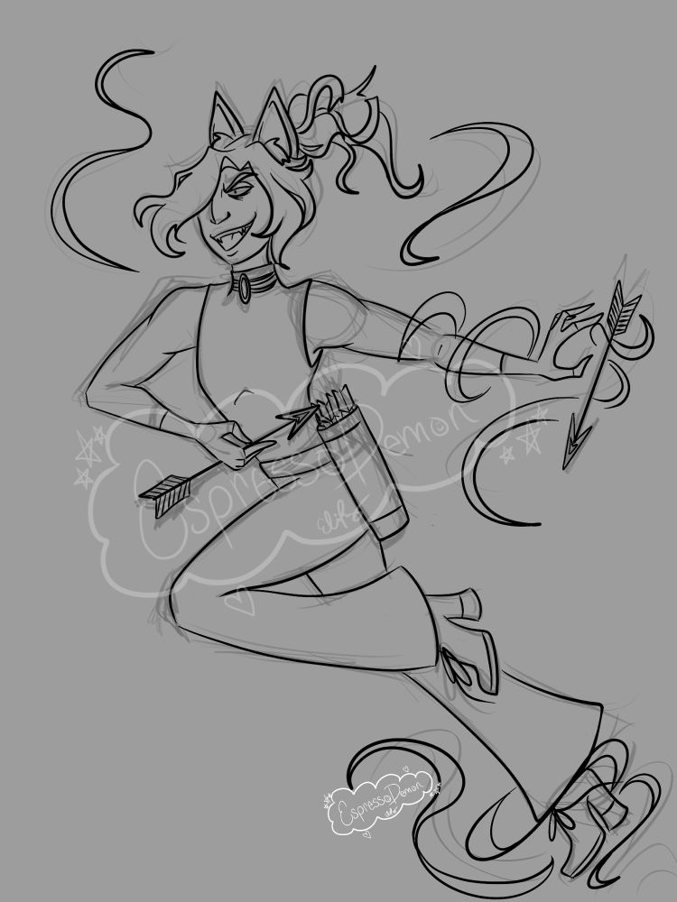 My oc skye holding an arrow in his left hand another one floating by his extended right hand whisps of wind are around the arrow his arm and one foot 
He is almost in a jumping pose 
Think sailor moon 