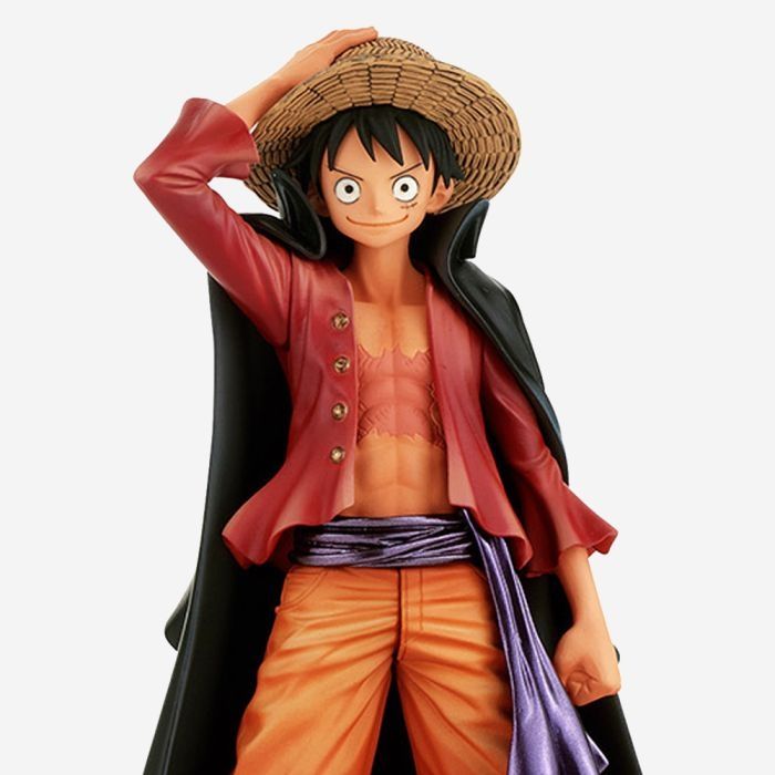 Luffy in his  class's  red shirt  , stran hat, and orange  pants  with a black overcoat worn like a cape