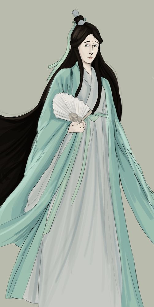 A Drawing of Shen Qingqiu from Scum villian self saving system. He is wearing green and grey robes and holding a fan