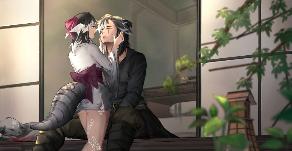 • Soul Comfort •

Jin, who had been gone the entire day prior due to his commission work taking far longer than he originally anticipated, finally returns to their home in Kugane come the following morning. It doesn't take long for him to find his way into their niwa where he had found Suki going about her daily routines.

Visibly happy and relieved by his return, she wastes no time in comforting him and welcoming him home. Depicted is the two sharing a moment of respite and warmth together.