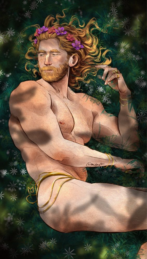 Thor is lying in the grass on a bed of white flowers, the sun and shadows of trees are dancing over his naked body. He has golden chains around his hips, bracelets and rings decorate his hands and a flower crown sits on his head. He's tiredly looking over his shoulder, barely awoken from a peaceful slumber.