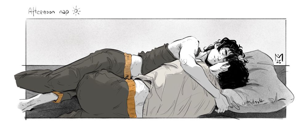 Drawing of Keith and Shiro cuddling on a bed, facing each other and you can see Keith smiling. He has his arm over Shiro's shoulders and his leg over Shiro's.