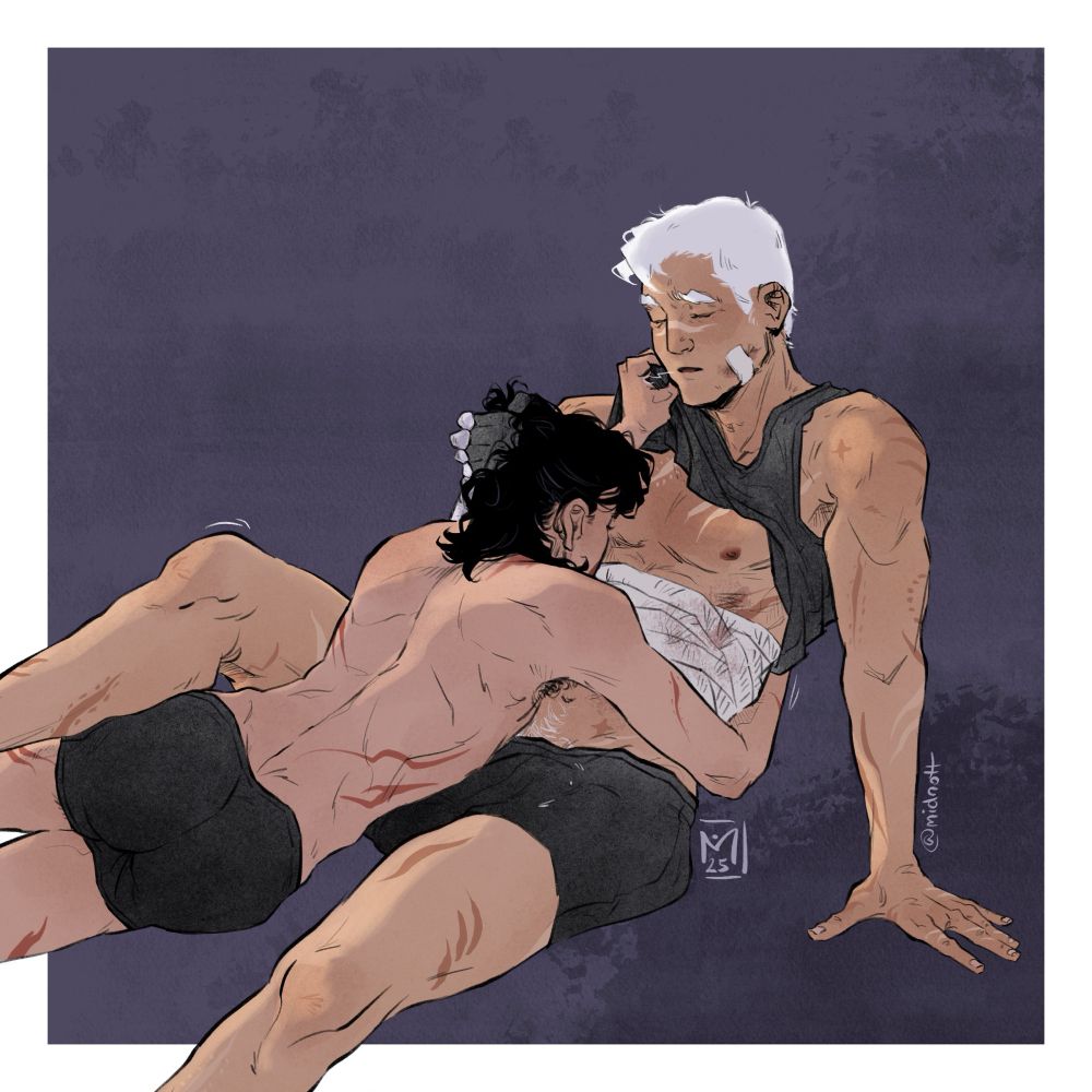 Shiro has a bandaged torso and sits down, while Keith is lying between his legs and kisses Shiro's wound. Shiro closes his eyes and holds tight on Keith's hair.