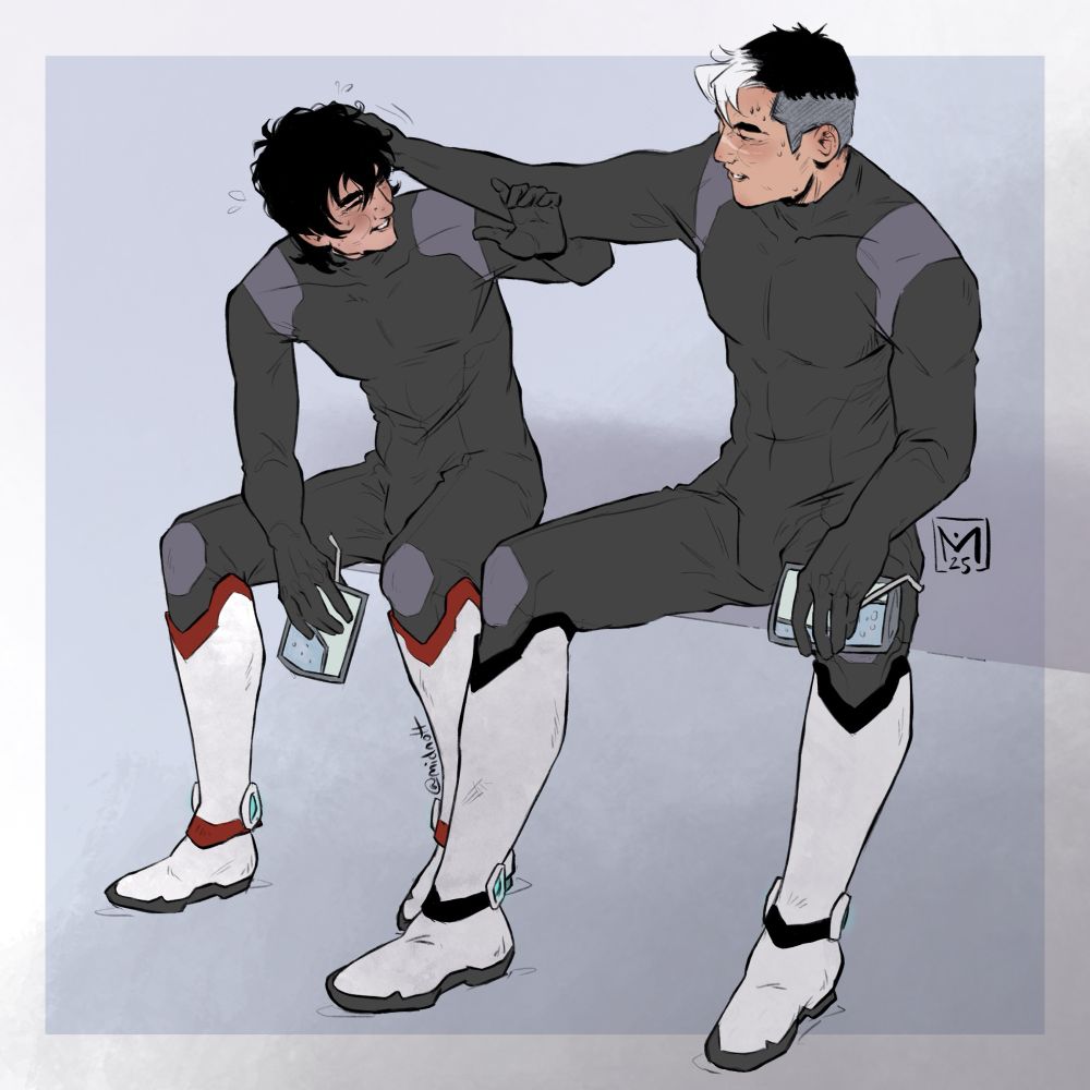 Keith and Shiro are sitting down after a training session with their lions, wearing their black bodysuits and the white armour boots of the paladin uniform. Both are sweating and holding water packs. Shiro ruffles Keith's hair while Keith laughs and blocks his arm.