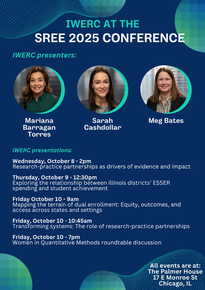 IWERC at the SREE 2025 Conference

IWERC presenters: Mariana Barragan Torres, Sarah Cashdollar, Meg Bates

IWERC presentations: 
Wednesday, October 8 - 2pm
Research-practice partnerships as drivers of evidence and impact

Thursday, October 9 - 12:30pm 
Exploring the relationship between Illinois districts’ ESSER spending and student achievement

Friday October 10 - 9am 
Mapping the terrain of dual enrollment: Equity, outcomes, and access across states and settings

Friday, October 10 - 10:45am 
Transforming systems: The role of research-practice partnerships

Friday, October 10 - 7pm
Women in Quantitative Methods roundtable discussion