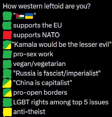 A list of positions titled "How western leftoid are you?"
My answers:
"Palestine&Ukraine" - Yes
Supports the EU - Yes
Supports NATO - No
"Kamala would be the lesser evil" - Yes/Maybe
pro-sex work - Yes
Vegan/Vegetarian - Yes
"Russia is fascist/imperialist" - Yes
"China is capitalist" - Yes/Maybe
pro-open borders - Yes/Maybe
LGBT rights among top 5 issues - YES
anti-theist - Maybe