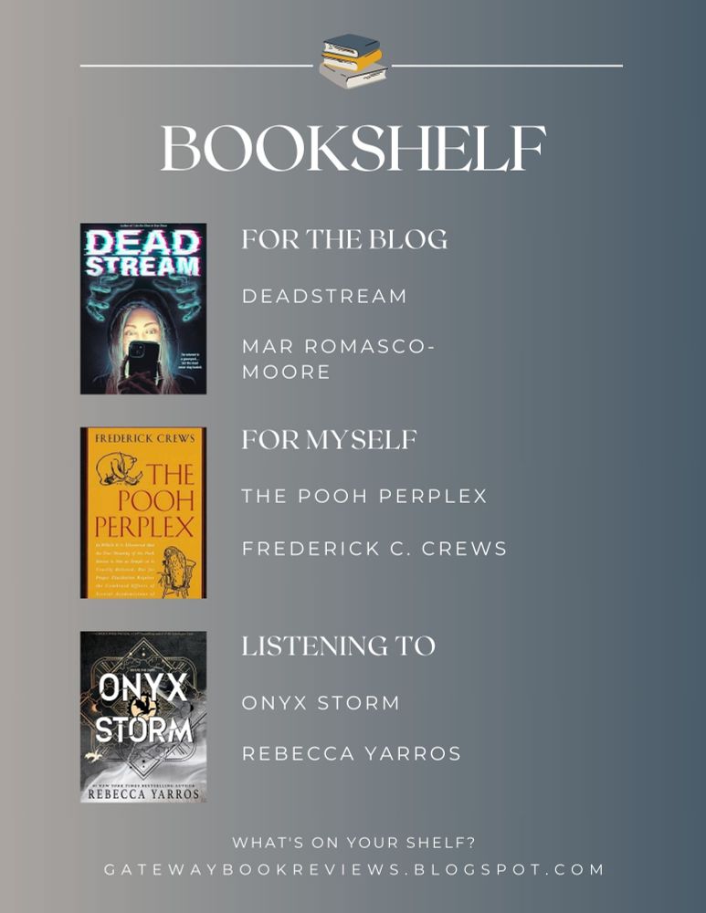 For Gateway Reviews, I am reading Mar Romasco-Moore's DEADSTREAM.
In my spare time, I am reading Frederick C. Crews's THE POOH PERPLEX.
On my commute, I am listening to Rebecca Yarros's ONYX STORM.

What's on your TBR?