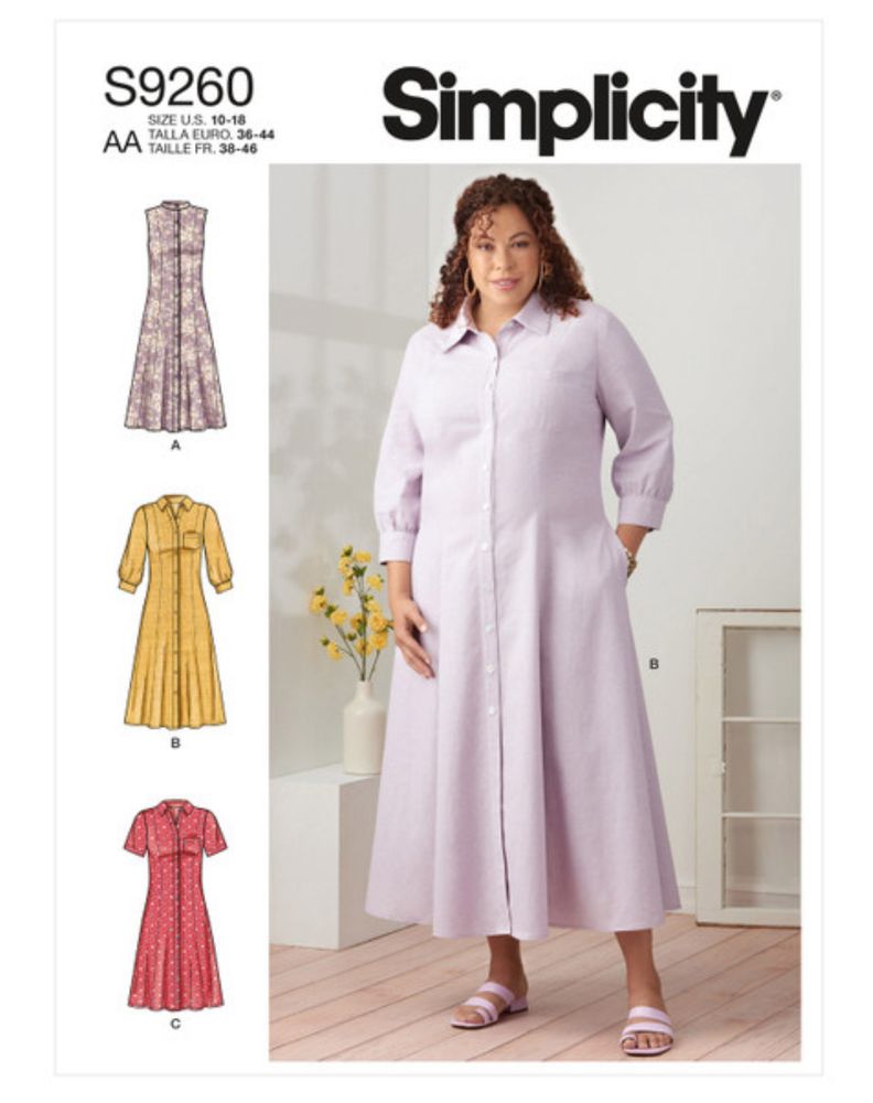 The front picture and line art illustrations for Simplicity 9260, a princess seamed dress with center button down closure, collar, a lined skirt, and choice of sleeve styles. This pattern was used as the basis for the Taylor swift dress due to its style lines largely matching the body of the original design. Significant alterations were made to the hem and sleeve but otherwise it was an excellent starting point for the project