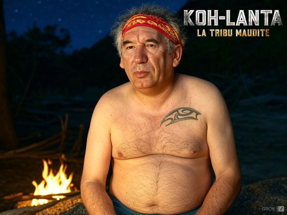 François bayrou à Koh-lanta. Torse nue au coin du feu avec un tatouage tribal 