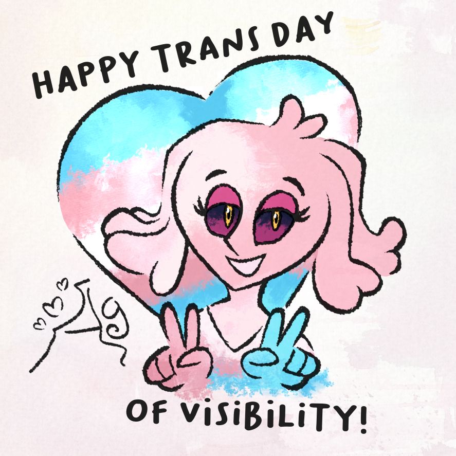 My sona Althea giving victory hand signs in front of a heart with the colors of the transgender flag. The caption says "Happy Trans Day of Visibility!"