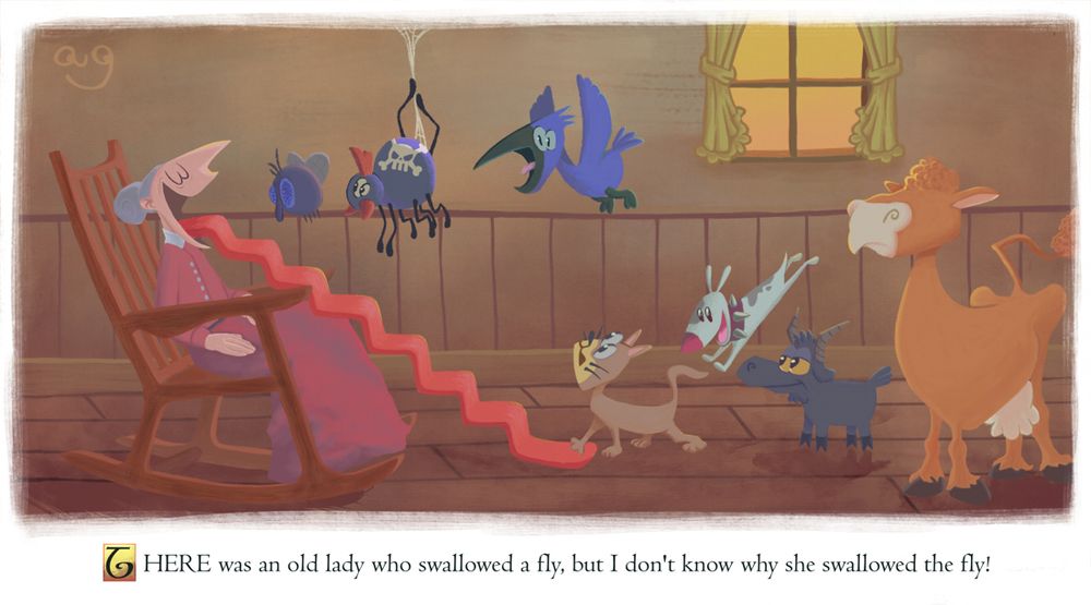 An illustration done in the style of the 1950's golden books of the old nursery rhyme "There was an old lady who swallowed a fly." An old lady sits in her rocking chair with her tongue sprawling out of her mouth into the shape of a staircase. A spherical fly flies towards her open maw. A spider with a mohawk hangs from a spiderweb watching the fly. A blue bird is hungrily excited at the sight of the spider. A cat, who's about to ascend the tongue staircase, is surprised by the bird. A dog with a spiked collar is about to land on the cat. A black goat and a brown cow stare at the proceedings without emotion.