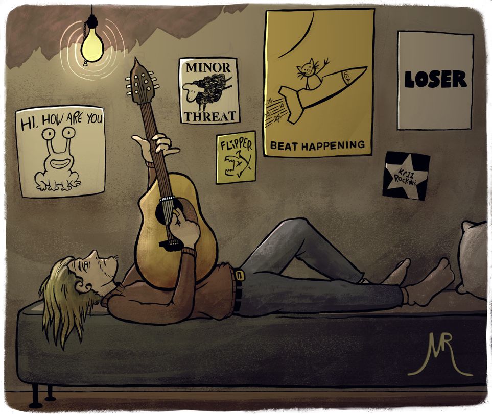 Kurt Cobain lying on a single bed in a ratty room, guitar in hand and staring at the ceiling. A single light bulb hanging from the ceiling is the sole light source. The paint on the wall is peeling. There are posters for Daniel Johnston, Minor Threat, Flipper, Beat Happening, the Kill Rock Stars label, and Sub Pop's classic LOSER iconography.