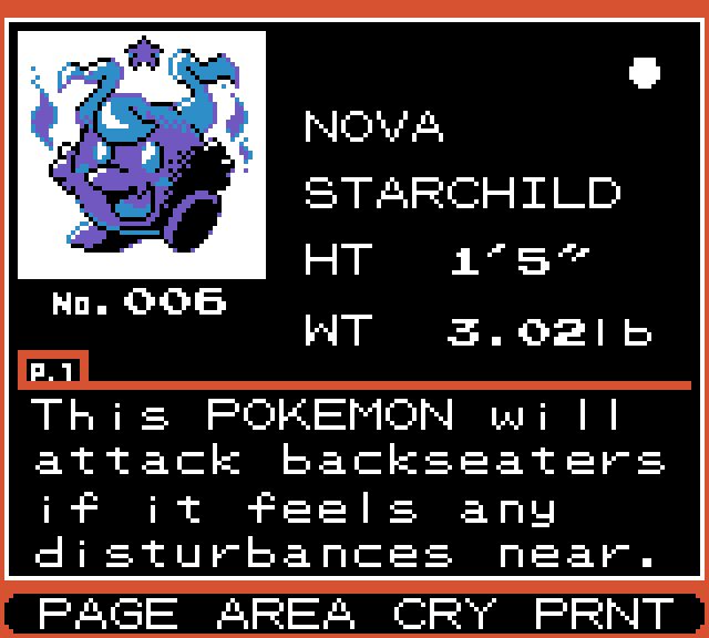 A pokedex entry for Nova, Tria Cosmicgarden's silly little goober. He's kirby-shaped and has lil' wisps for hairs. The entry reads, "This POKEMON will attack backseaters if it feels any disturbances near."